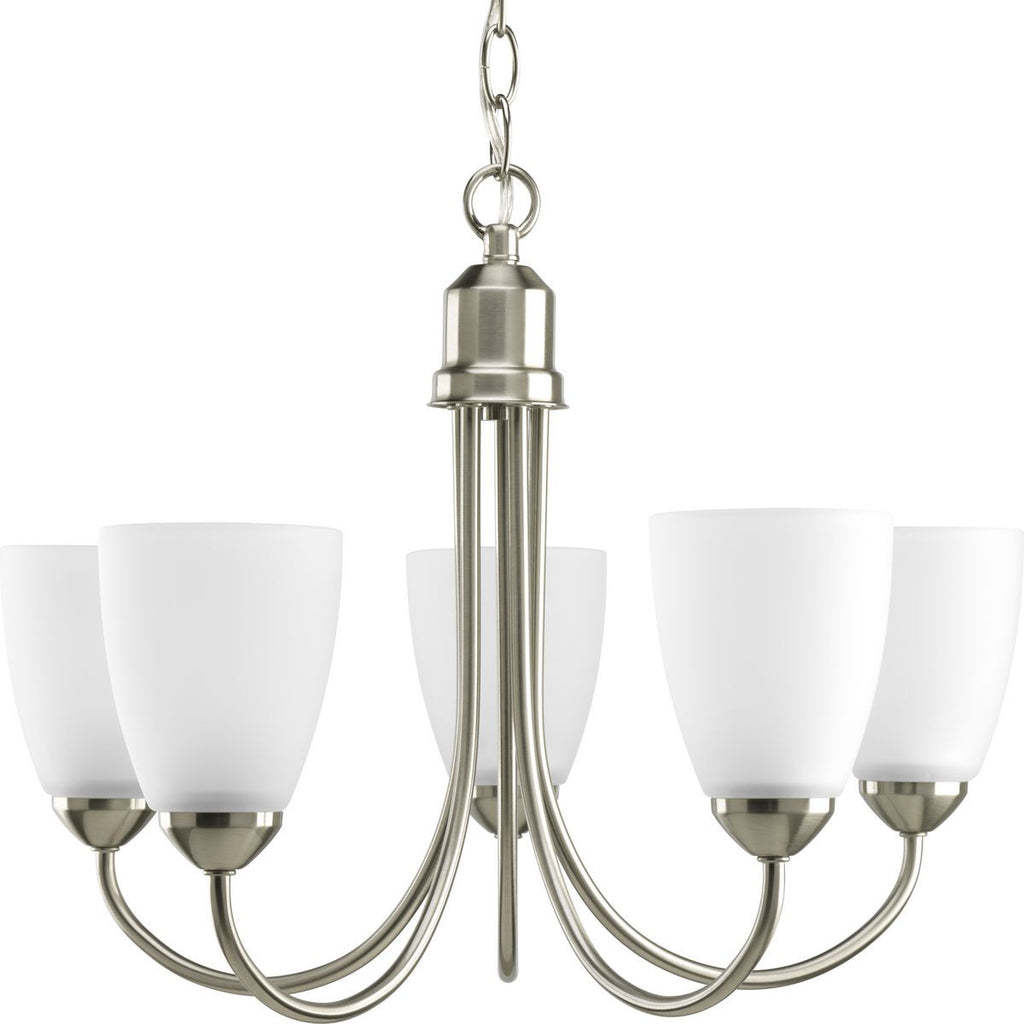 Gather Collection Five-Light Brushed Nickel Etched Glass Traditional Chandelier Light - Dry Location Listed - Model P4735-09