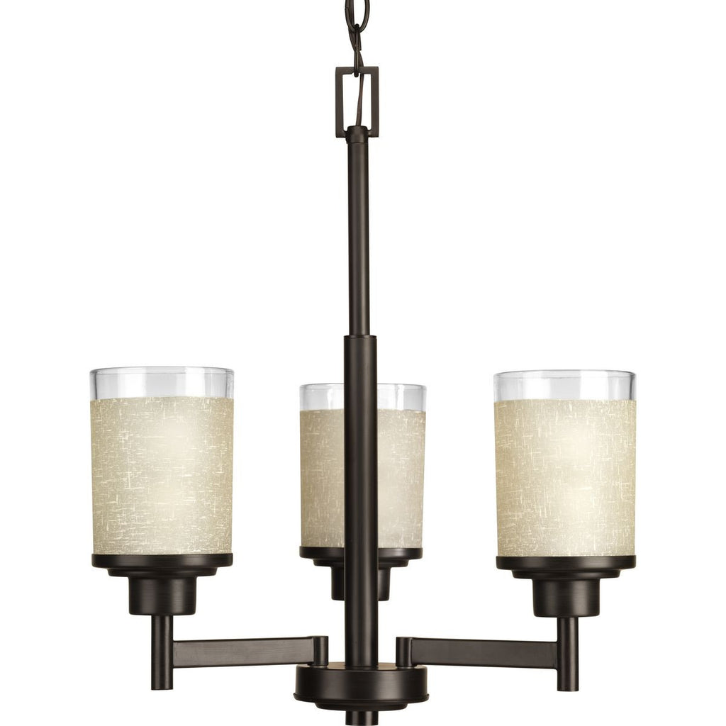 Alexa Collection Three-Light Antique Bronze Etched Umber Linen With Clear Edge Glass Modern Chandelier Light - Dry Location Listed