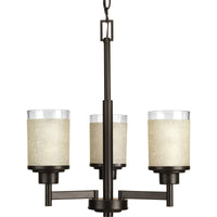 Alexa Collection Three-Light Antique Bronze Etched Umber Linen With Clear Edge Glass Modern Chandelier Light - Dry Location Listed