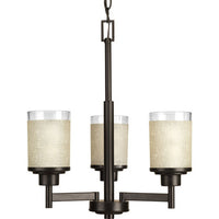 Alexa Collection Three-Light Antique Bronze Etched Umber Linen With Clear Edge Glass Modern Chandelier Light - Dry Location Listed