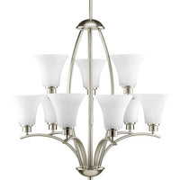 Joy Collection Nine-Light Brushed Nickel Etched White Inside Glass Traditional Chandelier Light - Dry Location Listed