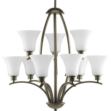 Joy Collection Nine-Light Antique Bronze Etched White Glass Traditional Chandelier Light - Dry Location Listed