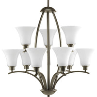 Joy Collection Nine-Light Antique Bronze Etched White Glass Traditional Chandelier Light - Dry Location Listed