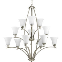 Joy Collection Twelve-Light Brushed Nickel Etched White Inside Glass Traditional Chandelier Light - Dry Location Listed