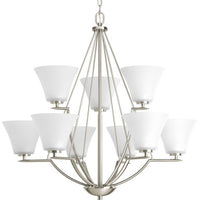 Bravo Collection Nine-Light Brushed Nickel Etched Glass Modern Chandelier Light - Dry Location Listed