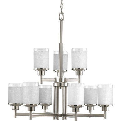 Alexa Collection Nine-Light Brushed Nickel Etched Linen With Clear Edge Glass Modern Chandelier Light - Dry Location Listed
