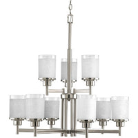 Alexa Collection Nine-Light Brushed Nickel Etched Linen With Clear Edge Glass Modern Chandelier Light - Dry Location Listed