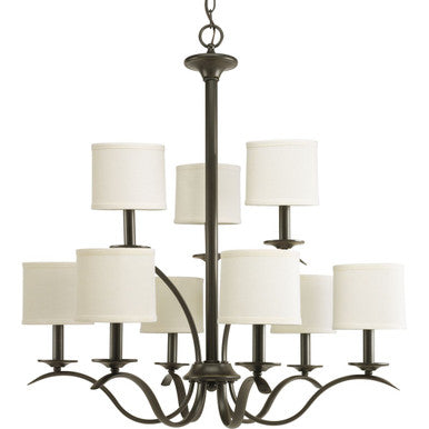 Inspire Collection Nine-Light Antique Bronze Off-White Linen Shade Traditional Chandelier Light - Dry Location Listed