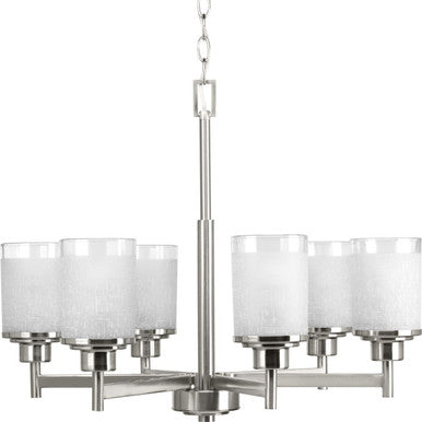 Alexa Collection Six-Light Brushed Nickel Etched Linen With Clear Edge Glass Modern Chandelier Light - Dry Location Listed