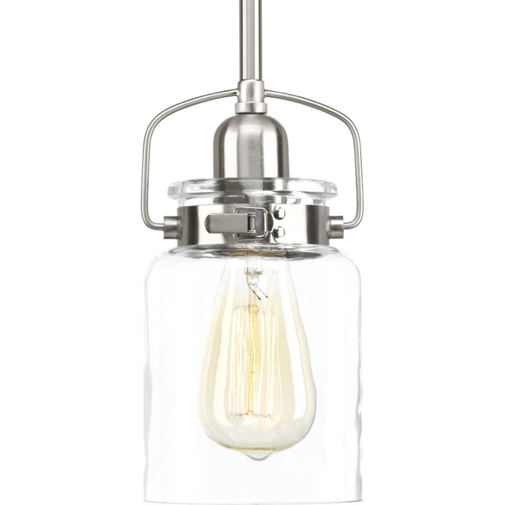 Calhoun Collection One-Light Brushed Nickel Clear Glass Farmhouse Mini-Pendant Light - Dry Location Listed