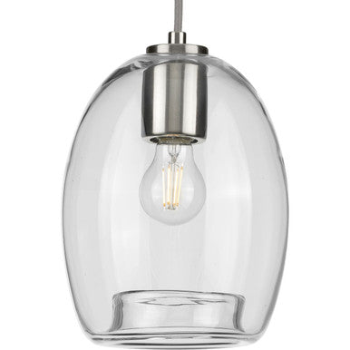 Caisson Collection One-Light Brushed Nickel Clear Glass Global Pendant Light - Dry Location Listed
