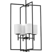 Replay Collection Four-Light Textured Black Etched White Glass Modern Pendant Light - Dry Location Listed
