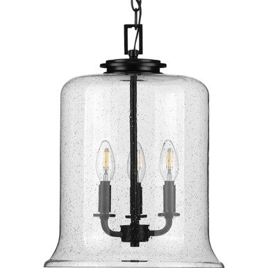 Winslett Collection Three-Light Matte Black Clear Seeded Glass Coastal Pendant Light - Dry Location Listed