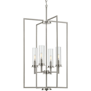 Kellwyn Collection Four-Light Brushed Nickel and Clear Glass Transitional Style Foyer Pendant Light - Dry Location Listed