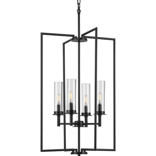 Progress Lighting Hall & Foyer Light - Kellwyn Collection Four-Light Matte Black and Clear Glass Transitional Style Foyer Pendant Light - Model P500315-031