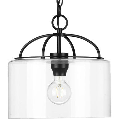 Leyden Collection One-Light Matte Black and Clear Glass Farmhouse Style Hanging Pendant Light - Dry Location Listed