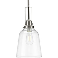 Rushton Collection One-Light Brushed Nickel/Black and Clear Glass Industrial Style Hanging Pendant Light - Dry Location Listed