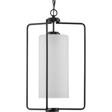 Merry Collection One-Light Matte Black and Etched Glass Transitional Style Foyer Pendant Light - Dry Location Listed