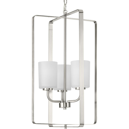 Progress Lighting Hall & Foyer Light - League Collection Three-Light Brushed Nickel and Etched Glass Modern Farmhouse Foyer Chandelier Light - Model P500342-009
