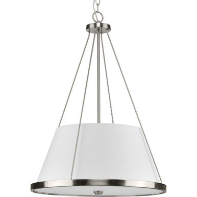 Saffert Collection Three-Light New Traditional Brushed Nickel White Linen Shade Pendant Light - Dry Location Listed