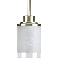 Alexa Collection One-Light Brushed Nickel Etched Linen With Clear Edge Glass Modern Mini-Pendant Light
