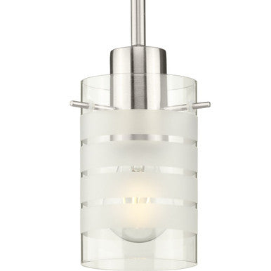 Modern Pendant One-Light Brushed Nickel Clear And Etched Glass Mini-Pendant Light - Dry Location Listed