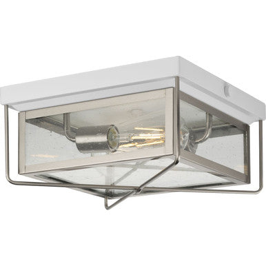 Barlowe Collection Two-Light Stainless Steel and Clear Seeded Glass Farmhouse Style Flush Mount Ceiling Light - Damp Location Listed