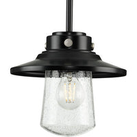 Tremont Collection One-Light Matte Black and Clear Seeded Glass Farmhouse Style Hanging Mini-Pendant Light - Damp Location Listed