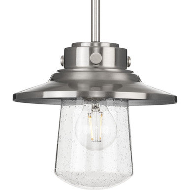 Tremont Collection One-Light Stainless Steel and Clear Seeded Glass Farmhouse Style Hanging Mini-Pendant Light - Damp Location Listed