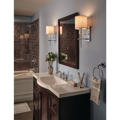 Status Collection One-Light Polished Chrome Off-White textured Fabric Shade Coastal Bath Vanity Light - Damp Location Listed