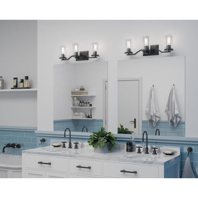 Lassiter Collection Three-Light Matte Black Clear Glass Modern Bath Vanity Light - Damp Location Listed