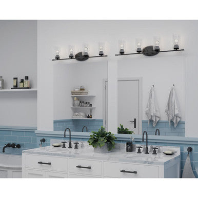 Riley Collection Four-Light Matte Black Clear Glass Modern Bath Vanity Light - Damp Location Listed