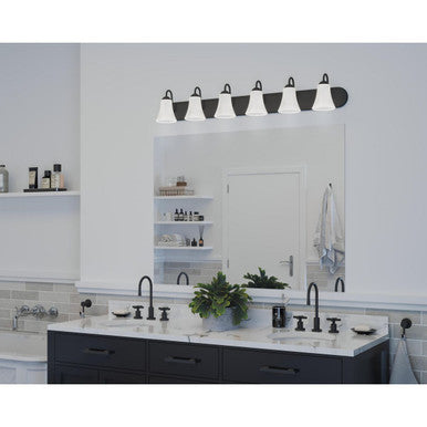 Classic Collection Six-Light Matte Black Etched Glass Traditional Bath Vanity Light - Damp Location Listed