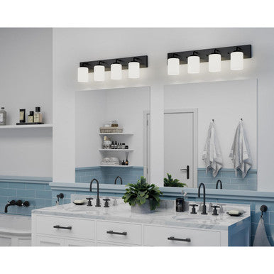 Merry Collection Four-Light Matte Black and Etched Glass Transitional Style Bath Vanity Wall Light - Damp Location Listed