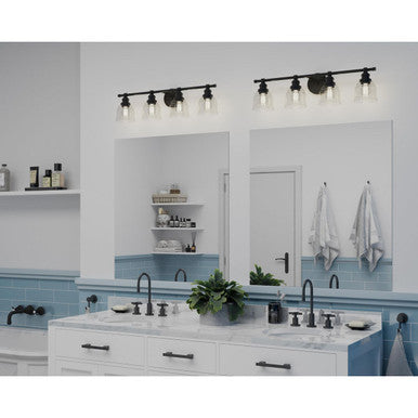 Ambrose Collection Four-Light Farmhouse Matte Black Clear Glass Bath Vanity Light - Damp Location Listed