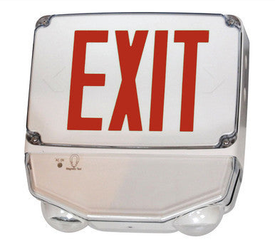 Wet Location Combo LED Exit Sign And Emergency Light Single Face- White Housing Color, and Red Lettering - With 90 Minute Battery Back-Up