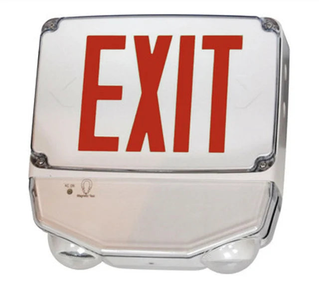 Wet Location Combo LED Exit Sign And Emergency Light - Choose White or Black Housing Color, with Red or Green Lettering - With 90 Minute Battery Back-Up