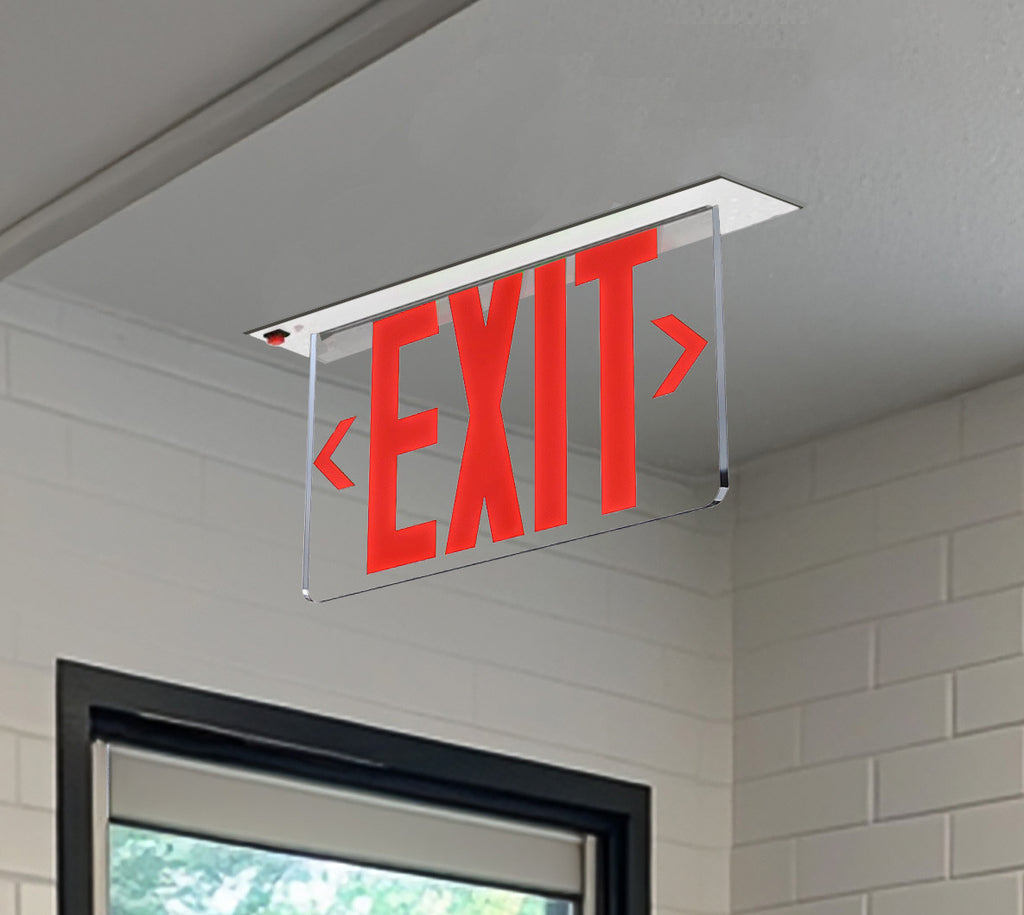 LED Edge Lit Exit Sign Recessed Mount - White Canopy with Clear Panel and Red Lettering