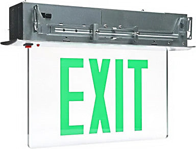 LED Edge Lit Exit Sign Recessed Mount - Aluminum Trim Plate with Mirror Panel and Green Lettering