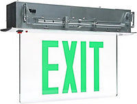 LED Edge Lit Exit Sign Recessed Mount - Aluminum Trim Plate with Mirror Panel and Green Lettering
