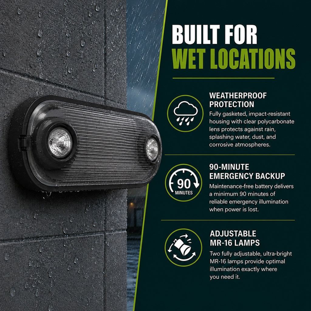 2 Lamp, Weatherproof Emergency Fixture, Black Housing, 120/277V, Ultra bright MR-16 lamps