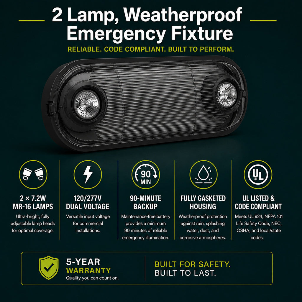 2 Lamp, Weatherproof Emergency Fixture, Black Housing, 120/277V, Ultra bright MR-16 lamps