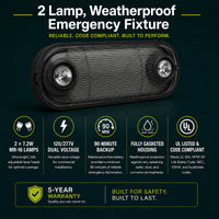 2 Lamp, Weatherproof Emergency Fixture, Black Housing, 120/277V, Ultra bright MR-16 lamps