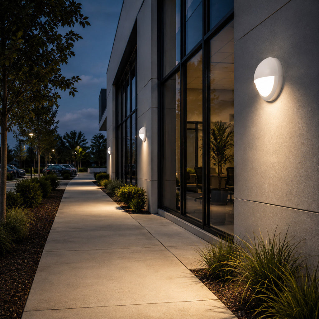 LED Round Bulk Head Light With Eyelid Trim - Wall or Ceiling Mount - Wet Location - Watt Selectable 60W/48W/36W - Color Selectable 30K/40K/50K - 120/277V - White Finish - Integrated Photocell Included