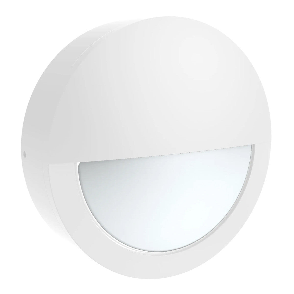 LED Round Bulk Head Light With Eyelid Cover - Glass Lens - Wall or Ceiling Mount – Wet Location - Watt Selectable 15W/12W/9W - Color Selectable 30K/40K/50K - 120/277V - White Finish - Integrated Photocell Included