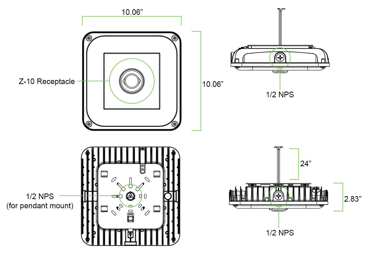 LED Square Garage Canopy Light - Watt Selectable 60W/40W/25W - Up To 7400 Lumens - Ceiling or Conduit Mount - 4000K Neutral White - 120-277V - White - With Z10 Receptacle