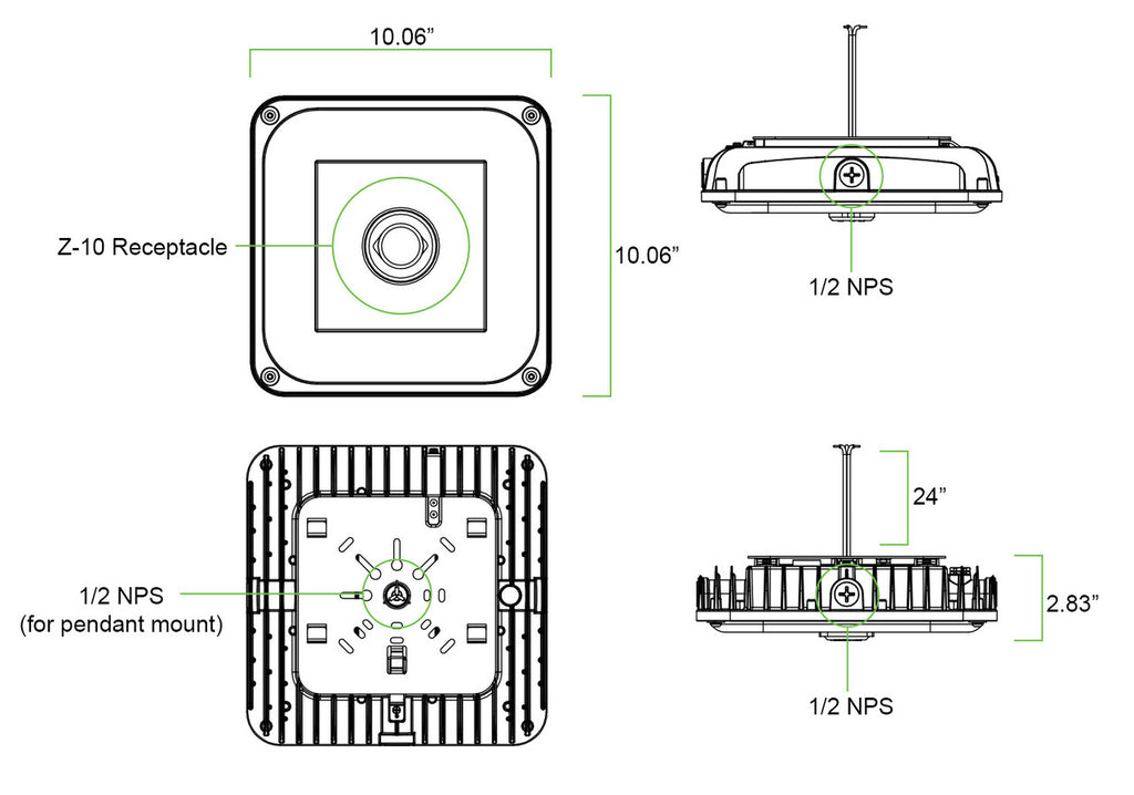 LED Square Garage Canopy Light - Watt Selectable 60W/40W/25W - Up To 7400 Lumens - Ceiling or Conduit Mount - 4000K Neutral White - 120-277V - White - With Z10 Receptacle