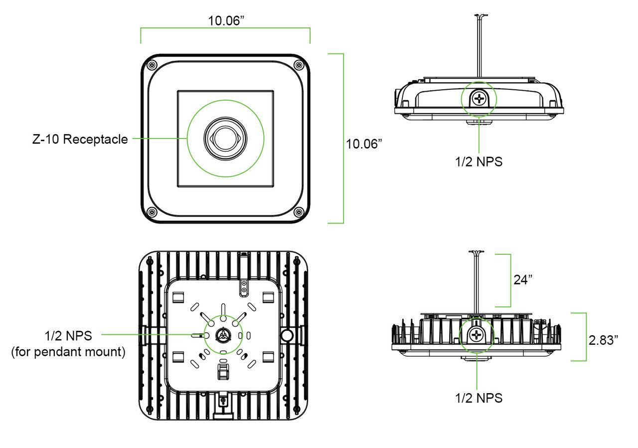 LED Square Garage Canopy Light - Watt Selectable 60W/40W/25W - Up To 7400 Lumens - Ceiling or Conduit Mount - 4000K Neutral White - 120-277V - Bronze - With Z10 Receptacle