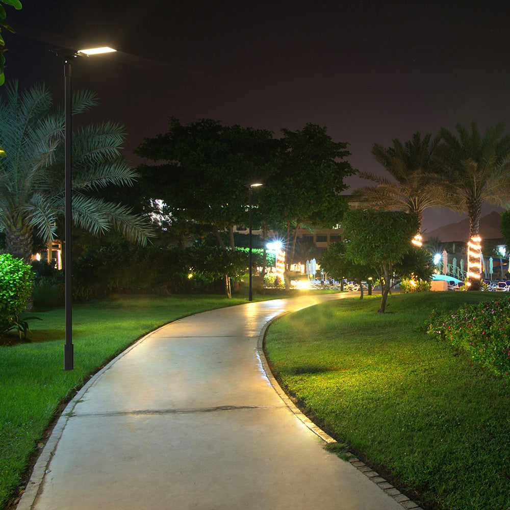LED Solar Street Light - 80 Watt - 12000 Lumens - 6000K Daylight - Post Mount - with Programmable Motion Sensor - Black Finish