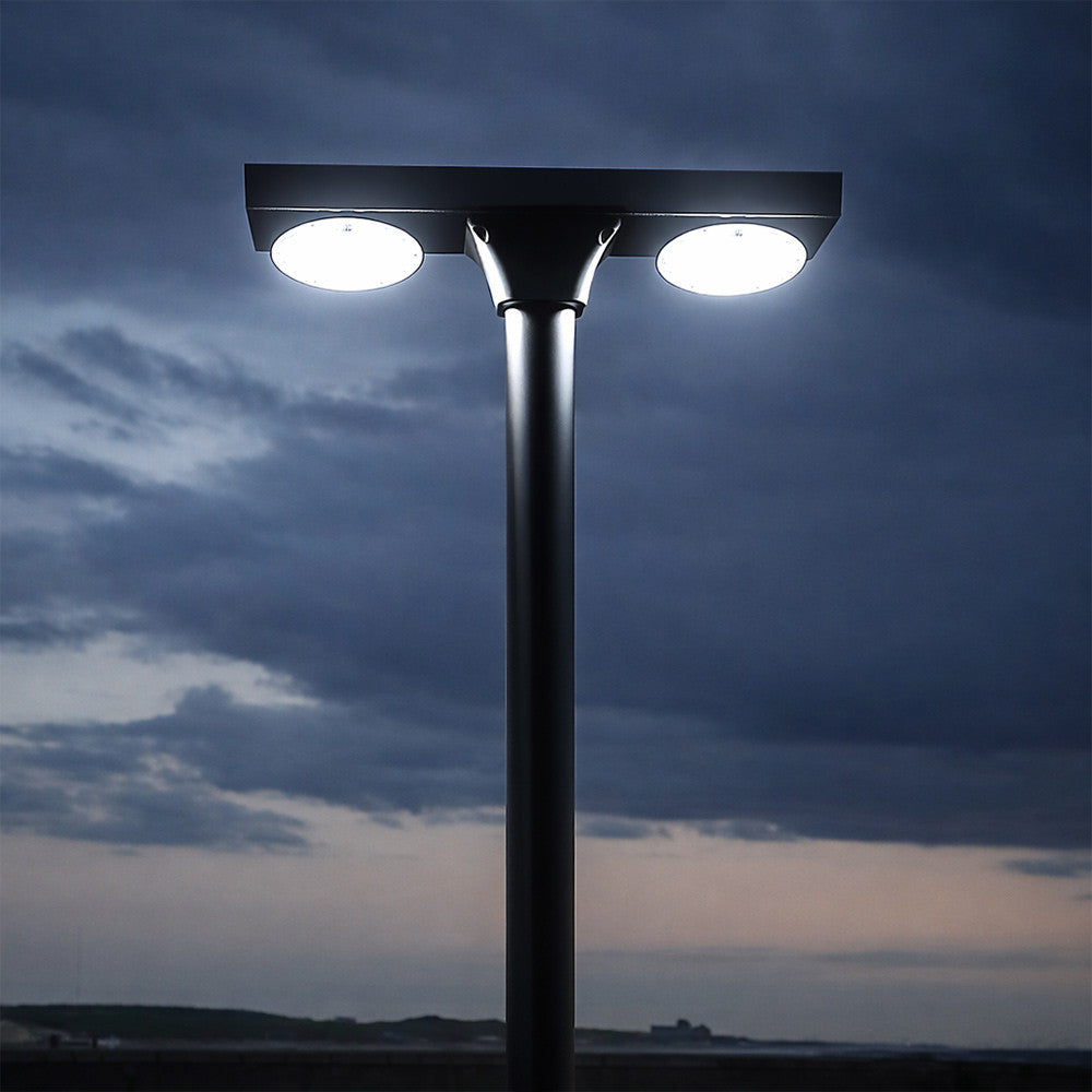 Solar LED Dual Head Post Top Light w/ Rotatable Lights - Dusk To Dawn - Remote Programmable - Extremely Bright - Commercial Grade - 40 Watt - 4800 Lumen Output - Warm White/Daylight Color Switchable